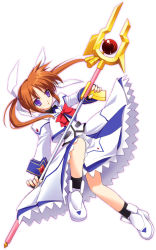 Rule 34 | 00s, 1girl, bow, fingerless gloves, gloves, highres, lyrical nanoha, magazine (weapon), magical girl, mahou shoujo lyrical nanoha, mahou shoujo lyrical nanoha a&#039;s, purple eyes, raising heart, raising heart (buster mode), red bow, red hair, solo, takamachi nanoha, takamachi nanoha (sacred mode), tsurusaki takahiro, twintails