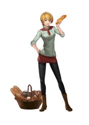 Rule 34 | 1girl, baguette, basket, black pantyhose, blonde hair, blue eyes, boots, bread, breasts, brown footwear, buttons, closed jacket, commentary request, contrapposto, cross-laced footwear, double-breasted, food, full body, grey jacket, grin, hair between eyes, hand on own hip, hand up, high heel boots, high heels, highres, holding, holding food, ishii-ken, jacket, lace-up boots, legs apart, long bangs, long sleeves, looking at viewer, medium breasts, miniskirt, neckerchief, pantyhose, red neckerchief, red skirt, short hair, simple background, skirt, sleeves rolled up, smile, solo, sophie balzac kirisaki, standing, tachi-e, white background, yakitate!! japan