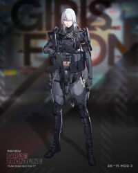 Rule 34 | 1girl, ak-15, ak-15 (girls&#039; frontline), ak-15 (mod3) (girls&#039; frontline), assault rifle, body armor, closed mouth, duoyuanjun, girls&#039; frontline, gloves, grey hair, gun, hair over one eye, handgun, highres, holding, holding weapon, holster, holstered, kalashnikov rifle, knife, knife sheath, long hair, looking at viewer, mask, mod3 (girls&#039; frontline), molle vest, mouth mask, mp-443 grach, navel, official art, optical sight, pouch, purple eyes, rifle, sheath, tactical clothes, trigger discipline, vertical foregrip, weapon