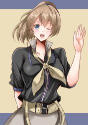 Rule 34 | 1girl, arm behind back, bad id, bad pixiv id, black shirt, blue eyes, breasts, brown hair, collarbone, grey neckwear, grey skirt, highres, intrepid (kancolle), kantai collection, kentan (kingtaiki), large breasts, looking at viewer, multicolored neckwear, one eye closed, open mouth, ponytail, shirt, short hair, skirt, smile, solo, two-tone background
