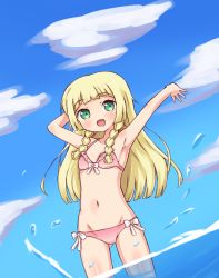 Rule 34 | 1girl, ako (azusaching0612), alternate costume, arm behind head, armpits, arms up, bikini, blonde hair, blue background, blue sky, blush, bow, braid, breasts, cloud, collarbone, creatures (company), female focus, game freak, green eyes, legs apart, lillie (pokemon), long hair, navel, nintendo, ocean, open mouth, outdoors, pink bikini, pink bow, pokemon, pokemon sm, simple background, sky, small breasts, smile, solo, standing, swimsuit, twin braids, water