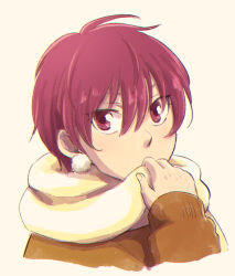 Rule 34 | 1girl, alfreed (arslan senki), arslan senki, brown sweater, contemporary, covered mouth, earrings, hair between eyes, hand up, jewelry, kayori (omochi), long sleeves, pom pom (clothes), pom pom earrings, portrait, red eyes, red hair, scarf, short hair, simple background, solo, sweater, white background, white scarf, winter clothes