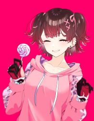 Rule 34 | 1girl, absurdres, android, brown hair, candy, closed eyes, earrings, food, gradient hair, hair ornament, higeji (higeji404), highres, holding, holding candy, holding food, holding lollipop, hololive, hood, hoodie, jacket, jewelry, lollipop, long sleeves, mechanical arms, multicolored hair, pink background, pink hair, pink hoodie, pink ribbon, ribbon, roboco-san, roboco-san (hoodie), short hair, smile, solo, swirl lollipop, teeth, twintails, upper body, virtual youtuber, x hair ornament