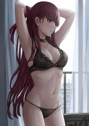 Rule 34 | 1girl, armpits, arms behind head, arms up, bare arms, bare shoulders, black bra, black choker, black panties, bra, breasts, choker, cleavage, closed mouth, cowboy shot, girls&#039; frontline, groin, highres, lace, lace-trimmed bra, lace trim, lingerie, long hair, looking away, medium breasts, navel, panties, profile, purple hair, red eyes, selcky, solo, standing, stomach, string panties, thighs, underwear, underwear only, very long hair, wa2000 (girls&#039; frontline)