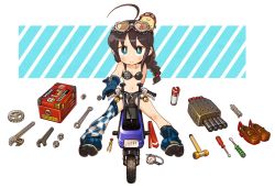 Rule 34 | 1girl, 1other, ahoge, anchor symbol, asymmetrical legwear, bikini, black bikini, black hair, blue eyes, blue footwear, blue gloves, boots, braid, brown footwear, chaki (teasets), character name, checkered clothes, checkered legwear, commentary request, full body, gears, gloves, hair flaps, hair over shoulder, hammer, honda motocompo, kantai collection, knolling, loafers, long hair, looking at viewer, minibike, motor vehicle, motorcycle, nut (hardware), riding, screwdriver, shigure (kancolle), shoes, unworn shoes, single braid, single thighhigh, smile, spray, swimsuit, thighhighs, toolbox, torpedo launcher, two-tone background, uneven legwear, white background, wrench