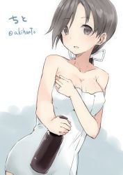 Rule 34 | 10s, 1girl, akiha (attract), bad id, bad twitter id, bare shoulders, bottle, breasts, chitose (kancolle), cleavage, collarbone, grey eyes, grey hair, jewelry, kantai collection, kskasutera, long hair, naked towel, ponytail, ring, solo, towel, wedding band, wet