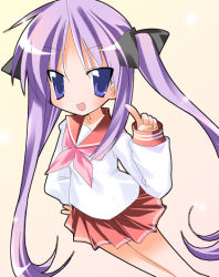 Rule 34 | 00s, 1girl, :d, ascot, blue eyes, blue hair, bow, hair bow, hand on own hip, hiiragi kagami, index finger raised, long sleeves, lucky star, matching hair/eyes, open mouth, paco, pink ascot, purple hair, school uniform, serafuku, skirt, smile, solo, twintails