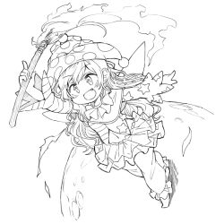 Rule 34 | 1girl, adapted costume, arm up, clownpiece, commentary request, fairy wings, fang, fire, full body, greyscale, hat, holding, ini (inunabe00), jester cap, lineart, long sleeves, miniskirt, monochrome, monochrome, open mouth, polka dot, simple background, skirt, smile, solo, star (symbol), star print, striped, torch, touhou, white background, wings