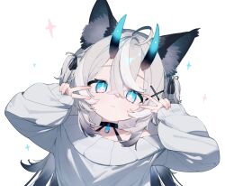 Rule 34 | 1girl, ahoge, animal ears, blue eyes, cat ears, cat girl, choker, cross-shaped pupils, double v, grey hair, highres, horns, long sleeves, looking at viewer, mosou keito, original, simple background, solo, symbol-shaped pupils, v, white background
