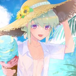 Rule 34 | 1boy, :d, alternate costume, alternate hairstyle, blue sky, collared shirt, colored eyelashes, flower, food, green hair, hat, hat flower, highres, holding, holding food, holding ice cream, ice cream, lens flare, lio fotia, looking at viewer, low ponytail, male focus, ocean, open clothes, open mouth, open shirt, palm tree, promare, purple eyes, shirt, short hair, short sleeves, sidelocks, sky, smile, solo, straw hat, trap, tree, upper body, white shirt, xyz008