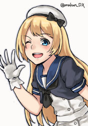 Rule 34 | 1girl, blonde hair, blue eyes, blue sailor collar, dress, gloves, hat, jervis (kancolle), kantai collection, long hair, looking at viewer, maakun (makun dx), one eye closed, sailor collar, sailor dress, sailor hat, simple background, solo, upper body, waving, white background, white dress, white gloves, white hat
