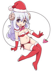Rule 34 | 1girl, bikini, boots, bow, bowtie, breasts, christmas, cleavage, collar, commentary, demon girl, demon horns, demon tail, detached collar, floating, full body, fur-trimmed collar, fur trim, gloves, hat, horns, long hair, looking at viewer, machikado mazoku, medium breasts, mel (melty pot), navel, open mouth, purple eyes, red bikini, red collar, red footwear, red gloves, santa bikini, santa boots, santa gloves, santa hat, side-tie bikini bottom, silver hair, simple background, smile, solo, swimsuit, tail, thigh boots, thighhighs, wavy hair, white background, white hat, yorishiro (machikado mazoku)