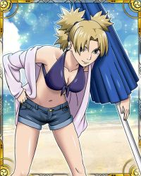 Rule 34 | 1girl, bare shoulders, belly, bikini, bikini top only, blonde hair, blue eyes, grabbing another&#039;s breast, breasts, cleavage, collarbone, denim, grabbing, hand on own hip, highres, jeans, leaning forward, legs, looking at viewer, midriff, naruto (series), naruto shippuuden, navel, official art, pants, short shorts, shorts, smile, swimsuit, temari (naruto)
