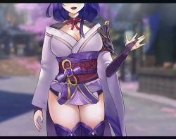 Rule 34 | 1girl, absurdres, armor, bad hands, blurry, blurry background, breasts, bridal gauntlets, chinese commentary, cleavage, commentary request, facing viewer, floral print, genshin impact, head out of frame, highres, japanese clothes, kimono, large breasts, long hair, long sleeves, nail polish, obi, obiage, obijime, open mouth, purple hair, purple nails, purple thighhighs, raiden shogun, ribbon, sash, shoulder armor, smile, solo, tassel, thighhighs, wide sleeves, yi zhi ai xi