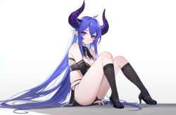 Rule 34 | 1girl, absurdres, ahoge, ass, bandeau, bare shoulders, between legs, black footwear, black skirt, black socks, breasts, cleavage, demon horns, detached collar, detached sleeves, diamond-shaped pupils, diamond (shape), high heels, highres, horns, lalazyt, long hair, long sleeves, looking at viewer, medium breasts, midriff, miniskirt, nail polish, original, parted lips, pointy ears, purple eyes, purple hair, revealing clothes, revision, simple background, sitting, skindentation, skirt, socks, solo, strapless, symbol-shaped pupils, thighs, very long hair, white background
