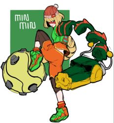 Rule 34 | 1girl, arms (game), beanie, blonde hair, blunt bangs, character name, chinese clothes, domino mask, dragon (arms), fighting stance, full body, green eyes, hat, leggings, leggings under shorts, makai, mask, min min (arms), pantyhose, short hair, shorts, solo, standing, standing on one leg