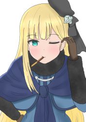 Rule 34 | 1girl, aqua eyes, atsumisu, bad id, bad pixiv id, beret, black hat, black ribbon, blonde hair, blue dress, blush, brown gloves, commentary request, dress, fate (series), flower, food, food in mouth, gloves, hair flower, hair ornament, hand on own hip, hand up, hat, long hair, long sleeves, looking at viewer, lord el-melloi ii case files, one eye closed, pocky, pocky day, reines el-melloi archisorte, ribbon, rose, simple background, solo, tilted headwear, tucking hair, upper body, very long hair, white background