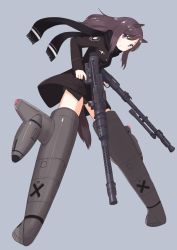 Rule 34 | 1girl, :o, absurdres, animal ears, bad id, bad pixiv id, black panties, blue background, brown hair, dog ears, dog tail, dual wielding, finger on trigger, full body, gun, helmina lent, highres, holding, holding gun, holding weapon, leaning forward, long hair, long sleeves, mg 151 cannon, military, military uniform, no pants, panties, purple eyes, scarf, seedflare, simple background, solo, strike witches, striker unit, tail, underwear, uniform, weapon, world witches series