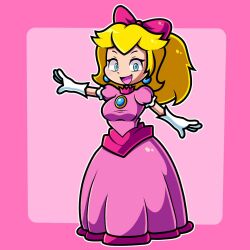 Rule 34 | 1girl, blonde hair, blue eyes, breasts, dress, gloves, hair ribbon, highres, large breasts, looking at viewer, mario (series), nintendo, open mouth, ponytail, princess, princess peach, princess peach: showtime!, ribbon, smile, solo