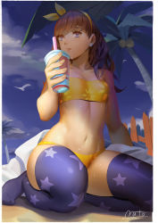 Rule 34 | 1girl, :q, absurdres, bare arms, bikini, blue eyes, blue thighhighs, blurry, border, bow, bow hairband, breasts, brown hair, cleavage, collarbone, day, depth of field, drinking straw, earrings, hair bow, hairband, highres, holding, jewelry, kneeling, long hair, mato kuroi, mole, mole under eye, navel, original, outdoors, palm tree, print bikini, print thighhighs, signature, small breasts, solo, star (symbol), star print, strapless, strapless bikini, swimsuit, thighhighs, tongue, tongue out, tree, white border, yellow bikini, yellow bow, yellow hairband