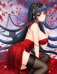 Rule 34 | 1girl, absurdly long hair, artist name, azur lane, bare shoulders, black cat, black hair, black thighhighs, breasts, cat, choker, cocktail dress, dress, evening gown, garter straps, gigamessy, hair ornament, highres, lace, lace-trimmed legwear, lace trim, large breasts, long hair, looking at viewer, looking to the side, lying, official alternate costume, on side, purple eyes, red choker, red dress, solo, taihou (azur lane), taihou (forbidden feast) (azur lane), thighhighs, very long hair