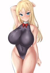 Rule 34 | 1girl, alternate breast size, arm up, armpits, bare shoulders, black leotard, blonde hair, blue eyes, blush, breasts, character request, clenched hand, commentary request, commission, copyright request, covered navel, cowboy shot, highleg, highleg leotard, large breasts, leotard, long hair, looking at viewer, parted bangs, parted lips, simple background, skeb commission, solo, tf cafe, white background