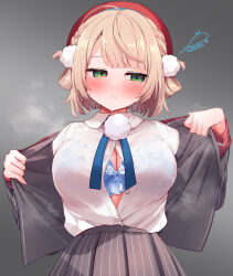 Rule 34 | 1girl, blue bra, blush, bra, bra visible through clothes, breasts, festa11307070, green eyes, grey skirt, indie virtual youtuber, jacket, large breasts, light brown hair, looking to the side, open clothes, open jacket, pleated skirt, shigure ui (vtuber), shirt, shirt tucked in, simple background, skirt, solo, steaming body, striped clothes, striped skirt, underwear, undressing, vertical-striped clothes, vertical-striped skirt, virtual youtuber, white shirt