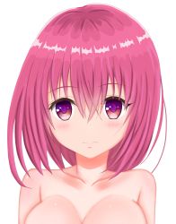 Rule 34 | 1girl, absurdres, blush, breasts, highres, large breasts, long hair, looking at viewer, momo velia deviluke, nude, out-of-frame censoring, pink hair, poa mellhen, purple eyes, simple background, solo, to love-ru, upper body, white background