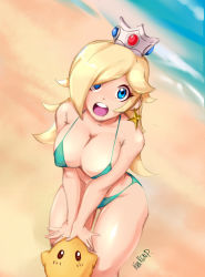 Rule 34 | 1girl, beach, bikini, blonde hair, blue eyes, breasts, cleavage, crown, earrings, from above, jewelry, krakenparty, large breasts, long hair, looking at viewer, mario (series), nintendo, open mouth, rosalina, solo, super mario bros. 1, super mario galaxy, swimsuit
