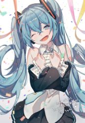 Rule 34 | 1girl, 2018, ;d, bare shoulders, black skirt, blue hair, blue necktie, blurry, blush, character name, confetti, crying, crying with eyes open, dated, depth of field, detached sleeves, hands on own chest, happy birthday, hatsune miku, head tilt, heart, long hair, nakaba (mode), necktie, one eye closed, open mouth, paper, sheet music, shoulder tattoo, simple background, skirt, smile, solo, streamers, tattoo, tears, teeth, twintails, very long hair, vocaloid, white background