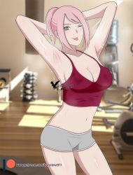 Rule 34 | 1girl, agung911, armpits, arms behind head, arms up, blurry, blurry background, breasts, cleavage, dripping, exercise machine, grey eyes, gym, haruno sakura, highres, looking at viewer, medium breasts, midriff, naruto, naruto (series), navel, one eye closed, patreon username, pink hair, ponytail, shiny skin, short shorts, shorts, sidelocks, signature, sports bra, sportswear, sweat, sweaty clothes, tongue, tongue out, weights, wet