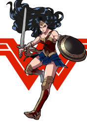 Rule 34 | 1girl, animification, armor, bare shoulders, black hair, bustier, dawn of justice, dc comics, dccu, forehead protector, full body, greaves, highres, lasso, lips, long hair, makai, pauldrons, pteruges, sabatons, serious, shield, shoulder armor, skirt, solo, superhero costume, sword, vambraces, very long hair, weapon, wonder woman, wonder woman (series)