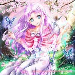 Rule 34 | .hack//, .hack//games, 10s, 1girl, 2012, aura (.hack//), blue eyes, bug, butterfly, chair, cherry blossoms, dress, flower, grass, guilty dragon, infinity sign, infinity symbol, insect, lens flare, long hair, looking at viewer, minimaru, nature, outdoors, purple hair, shawl, sitting, smile, solo, tree, white dress