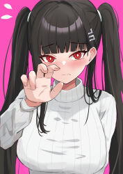 Rule 34 | 1girl, alternate costume, alternate hairstyle, amenocchi, black hair, blue archive, blunt bangs, blush, commentary request, embarrassed, flying sweatdrops, halo, highres, long hair, long sleeves, looking at viewer, pink background, red eyes, ribbed sweater, rio (blue archive), sidelocks, simple background, solo, sweater, turtleneck, turtleneck sweater, twintails