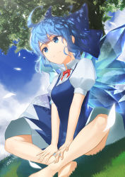 Rule 34 | 1girl, absurdres, ahoge, barefoot, blue dress, blue eyes, blue hair, blue sky, breasts, butterfly sitting, cirno, cloud, commentary request, dappled sunlight, day, dress, from below, grass, hair ribbon, hands on own legs, highres, hill, komori (littleforest946), looking away, looking to the side, on grass, on ground, outdoors, petals, pinafore dress, puffy short sleeves, puffy sleeves, red neckwear, red ribbon, ribbon, shirt, short sleeves, sitting, sky, sleeveless dress, small breasts, smile, solo, sunlight, touhou, tree, under tree, white shirt