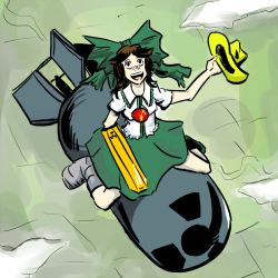 Rule 34 | 1girl, asymmetrical footwear, bomb, cowboy hat, dr. strangelove, dr. strangelove or: how i learned to stop worrying and love the bomb, drsunshine, explosive, female focus, hat, major kong, mismatched footwear, nuclear weapon, parody, radiation symbol, reiuji utsuho, riding, solo, stanley kubrick, touhou, unworn hat, unworn headwear, weapon of mass destruction