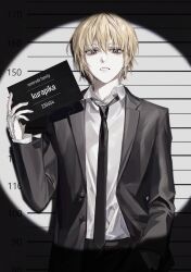Rule 34 | 1boy, black eyes, black jacket, black necktie, blonde hair, chain, chhiii o o, collared shirt, cowboy shot, english text, greyscale, hair between eyes, hand in pocket, hand up, height chart, highres, holding, hunter x hunter, jacket, kurapika, long sleeves, looking at viewer, male focus, monochrome, mugshot, necktie, open mouth, prison, shirt, solo, standing, white shirt