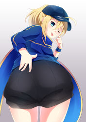 Rule 34 | 1girl, ahoge, artoria pendragon (fate), ass, baseball cap, blonde hair, blue hat, blush, breasts, fate/grand order, fate (series), from behind, green eyes, hat, highres, huge ass, jacket, looking at viewer, looking down, mysterious heroine x (fate), one eye closed, ponytail, short hair, shorts, sideboob, smile, solo, taunting, teo (artist), tongue, tongue out, wink