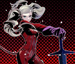 Rule 34 | 1girl, blonde hair, blue eyes, bodysuit, breasts, cat tail, catsuit, cofffee, cowboy shot, gloves, gradient background, hair ornament, hairclip, holding, holding sword, holding weapon, long hair, long sleeves, looking at viewer, medium breasts, persona, persona 5, purple gloves, red background, red bodysuit, skin tight, smile, solo, swept bangs, sword, tail, takamaki anne, twintails, weapon, zipper