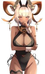 Rule 34 | 1girl, 360 (taiyo360), absurdres, adapted costume, animal ears, ankh necklace, arknights, black nails, bow, bowtie, breasts, carnelian (arknights), carnelian (shimmering dew) (arknights), clothing cutout, dark-skinned female, dark skin, fishnet thighhighs, fishnets, heart, highres, horns, large breasts, navel, navel cutout, nontraditional playboy bunny, rabbit ears, red eyes, thighhighs, white background, white hair, wrist cuffs
