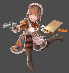 Rule 34 | :o, apron, black footwear, boots, broken glass, broken plate, brown hair, full body, glass, gun, handgun, highres, holding, holding gun, holding weapon, looking at viewer, loolook, maid, maid apron, original, pantyhose, plate, purple eyes, python 357, revolver, sitting, solo, standing, striped clothes, striped pantyhose, wavy mouth, weapon