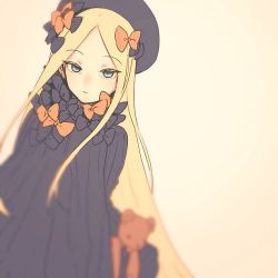 Rule 34 | 1girl, abigail williams (fate), black bow, black dress, blonde hair, blue eyes, bow, closed mouth, commentary request, dress, dress bow, fate/grand order, fate (series), gothic lolita, hair bow, hat, holding, holding toy, lolita fashion, long hair, looking at viewer, multiple hair bows, orange bow, sepia background, simple background, solo, stuffed animal, stuffed toy, teddy bear, too many bows, toy, u 5ham0, upper body