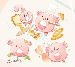 Rule 34 | :d, artist name, baguette, black eyes, bread, bright pupils, brown background, bun (food), chansey, chef hat, closed mouth, clover, commentary request, creatures (company), croissant, dough, egg, flower, food, four-leaf clover, fruit, full body, game freak, gen 1 pokemon, gen 4 pokemon, hand up, happiny, hat, highres, holding, holding tray, leaf, looking at viewer, mofucoffee, multicolored background, nintendo, no humans, notice lines, one eye closed, open mouth, peach, pokemon, pokemon (creature), rolling pin, simple background, smile, tray, twitter username, white flower, white headwear, white pupils