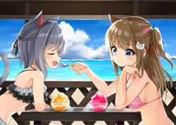 Rule 34 | 2girls, :d, animal ears, bare arms, bare shoulders, bikini, black ribbon, blue sky, blush, braid, breasts, brown hair, cat ears, cat hair ornament, cat tail, closed eyes, closed mouth, cloud, commentary request, day, eye contact, fang, feeding, food, hair between eyes, hair intakes, hair ornament, hair ribbon, highres, holding, holding spoon, horizon, leaning forward, looking at another, medium breasts, multiple girls, ocean, one side up, open mouth, original, outdoors, pink bikini, ponytail, profile, red ribbon, ribbon, shaved ice, silver hair, sky, smile, sora (silent square), spoon, swimsuit, table, tail, tail raised, upper body, water, yuri