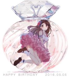 Rule 34 | 10s, 1girl, 2016, air bubble, arm garter, blush, bottle, bow, brown eyes, brown footwear, brown hair, bubble, collarbone, dated, dress, earrings, english text, eyebrows, flower, frills, full body, hair bow, hair flower, hair ornament, happy birthday, heart, highres, idolmaster, idolmaster (classic), in container, jewelry, long hair, mary janes, minase iori, partially submerged, perfume bottle, pink flower, pink rose, purple bow, purple flower, purple rose, ribbon trim, ricca55, rose, shoes, simple background, sleeveless, sleeveless dress, socks, solo, white background, white socks