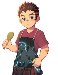 Rule 34 | 1boy, aged down, akashi (live a hero), apron, bandaid, bandaid on arm, bandaid on face, bandaid on nose, black shorts, brown eyes, child, commentary request, gorioxxxx, holding, holding ladle, ladle, live a hero, looking at viewer, male focus, red shirt, shamoji, shirt, shorts, white background