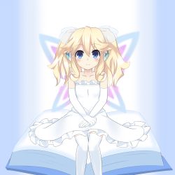Rule 34 | 10s, 1girl, absurdres, bad id, bad pixiv id, blonde hair, blue eyes, blush, book, dress, fairy wings, gradient background, highres, histoire, long hair, looking at viewer, neptune (series), rian (clearhisty0101), solo, wedding dress, wings