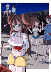 absurdres baseball_cap beach bikini bikini_under_clothes breasts brown_hair creatures_(company) denim denim_shorts eating food front-tie_top game_freak grill hat highres hilbert_(pokemon) hilda_(pokemon) licking_lips makademia meat nate_(pokemon) night nintendo open_fly pink_hair pokemon pokemon_bw pokemon_bw2 ponytail rosa_(pokemon) short_shorts shorts sitting smile swimsuit tongue tongue_out yancy_(pokemon)