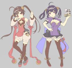 Rule 34 | :&lt;, adapted costume, ahoge, anchor hair ornament, arm warmers, azur lane, bad id, bad twitter id, baozi, black legwear, breasts, brown hair, chinese clothes, cleavage, collarbone, commentary request, fighting stance, food, full body, grey background, hair ornament, head tilt, headband, large breasts, looking at viewer, ning hai (azur lane), panda, ping hai (azur lane), purple eyes, purple hair, ribbon, shiosoda, siblings, simple background, small breasts, standing, thighhighs, twintails