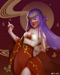 Rule 34 | absurdres, bare shoulders, floral print, hair ornament, hair rings, hairpin, highres, long hair, purple hair, qinshi mingyue, red background, red skirt, red sleeves, shao siming (qin shi ming yue), shirt, skirt, spider lily print, veil, white shirt, yu yao